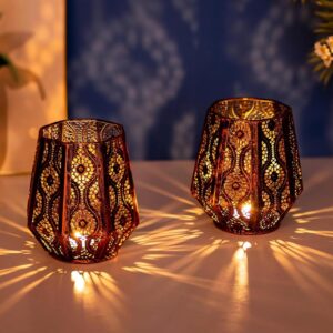Romadedi Orientalische Laterne Windlicht Bronze - 2er Set für Wohnzimmer und Badezimmer mit Teelichtern und Stumpenkerze