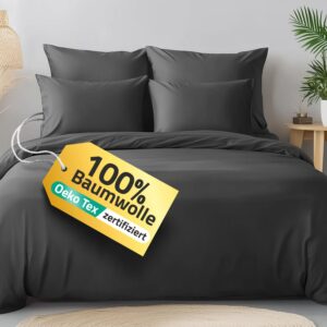 Slummer Baumwoll Bettwäsche 135x200 Anthrazit-Grau 2-teilig Oeko-TEX YKK Reißverschluss Sommerbettwäsche