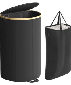 SONGMICS Wäschetonne, 90 Liter, für Waschküche, Schlafzimmer, Wohnzimmer - tinteuschwarz-naturbeige LCB547B01