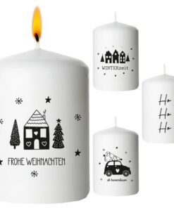 Weihnachtsdekoration: Stumpenkerze_bedruckt_4er_Set_rund_O6x8cm_creme_Paraffin_4_Motive_Wachskerze