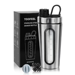 TOOFEEL Protein Shaker Flasche 28 oz Edelstahl, bleibt kalt/heiß, 2 Mischkugeln, sichtbares Fenster, auslaufsicher