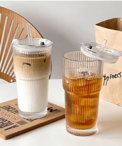 BUOAZR 2 Stück 600ml luftdichtes Gerippte Glasbecher, ideal für Eiskaffee, Smoothie und Cocktails, luftdichtes und wasse