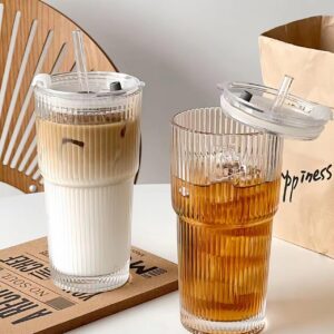BUOAZR 2 Stück 600ml luftdichtes Gerippte Glasbecher, ideal für Eiskaffee, Smoothie und Cocktails, luftdichtes und wasse