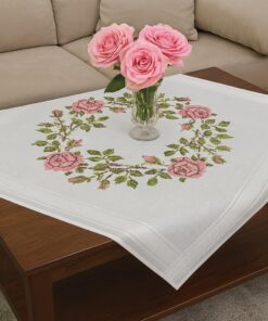 KAMACA Tischdecke zum Selbersticken 80x80 cm Blumen Kreuzstich inkl. Garn Anleitung für Erwachsene