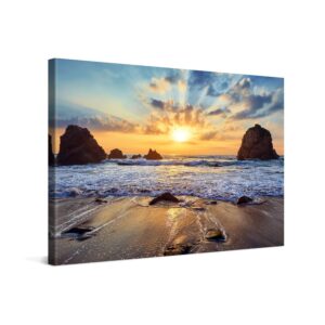 PICANOVA – Bild auf Leinwand Felsiger Strand Sonnenuntergang – Premium Leinwanddruck für Wohnzimmer – Wanddekoration 120