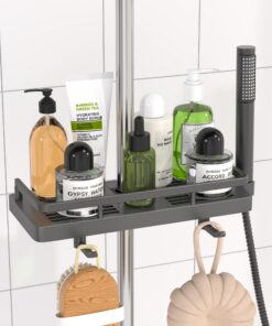 DIYGEEK Graues Duschregal ohne Bohren, mit 2 Haken und Duschablage, ideal für Duschen, praktische Duschstange-Kompatibil
