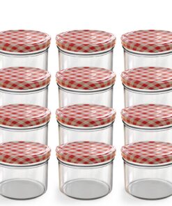 Oputec 12 x 230 ml Rot Karierte Einmachgläser mit Schraubdeckel – Perfekt für Marmeladen & Konfitüren