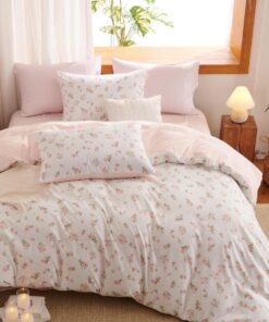 Lanqinglv aesthetic Bettwäsche 135x200 Rosa Weiß Blumen Muster Pflanzen Wende Set mit Reißverschluss und Kissenbezug 80x