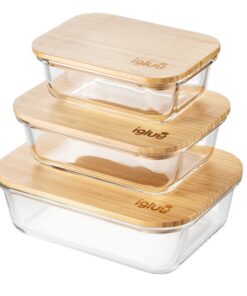 Igluu BPA-frei Glas-Mahlzeitanlage-Dosen mit Bambusdeckel (3er-Pack) – mikrowellen-, ofen-, gefrier- und spülmaschinenge