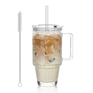 KEMORELA Eiskaffeebecher mit Henkel für kalte Getränke & Carbonfree Certified | KEMORELA Glasbecher mit Deckel & Strohh