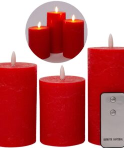 LED Echtwachs Stumpenkerzen 3er Set_rot Flammenø7,5cm.timerFunktion+hochleuchtend+3xAAA