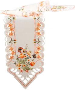 White Orange Tulips and Butterflies Embroidery Table Runner 30x160cm Oval Polyester für modernes Esszimmer | Modern Whi