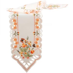 White Orange Tulips and Butterflies Embroidery Table Runner 30x160cm Oval Polyester für modernes Esszimmer | Modern Whi