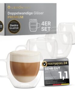 Lemontree 4er Set Cappuccino Tassen - 250ml spülmaschinenfest - Gastronomie Qualität - doppelwandige Gläser für Cappucci