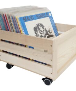weeco Holzkiste mit Rädern für Vinyl Schallplatten - Buchenholz Solide Konstruktion Drehbare Rollen