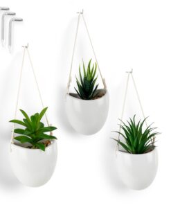 PASCH® 3er Set Kunstpflanzen Wandvasen weiße Keramik 15cm inkl. Nägeln zum Aufhängen