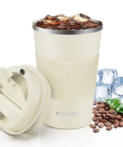 Aolieh Thermobecher für Kaffee und Tee - Isolierbecher mit Auslaufsicherem Deckel - Edelstahl, 380ML - Sandfarben
