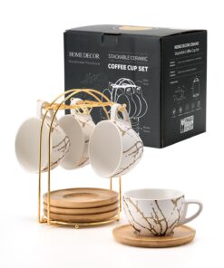 HOME DECOR Cappuccino Tassen 4er Set metallischer Ständer für Kaffeeliebhaber -White Golden HOME DECOR Stapelbare Cappuc