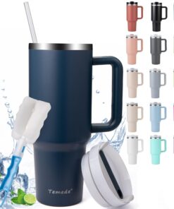 Temede Thermobecher mit Strohhalm und Henkel 40oz/1.2L - Edelstahl Vakuum Isolierbecher für Kalte Heiße Getränke - Tragb