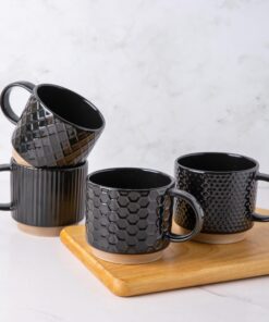 GBhome Stapelbare Kaffeetassen 4er Set 350ml | Keramik mit Textur | Spülmaschinen- & Mikrowellengeeignet für Latte Cappu