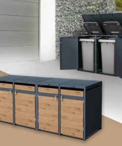 ML-Design 4-Tonner-Mülltonnenbox wasserfester Stahl, Klappdeckel, Anthrazit-Holzoptik