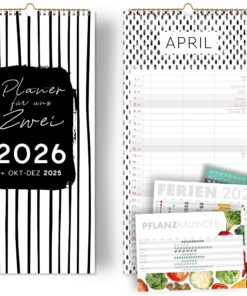 Paarkalender 2026 Schwarz Weiß | 3 Spalten Planer für Paare | 16x32,5cm Wandkalender | Recycling Sticker | Urlaub | Okt-