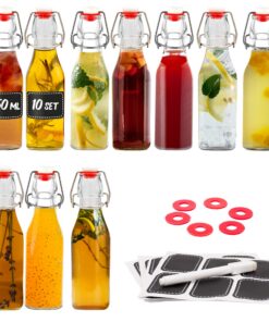 Praknu 10er Set Glas-Bügelflaschen 250ml Eckig + Extra Dichtungen & Etiketten + Für Öl Essig Saft Limonade