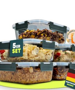 5-teiliger Meal Prep Glasbehälter Set mit Deckel, Frischhaltendosen Glas mit Deckel für Meal Prep, Glasdosen für Sortier