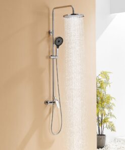 Auralum Regenduscharmmatur Komplettset Höhenverstellbar, 1-1,39m, 3-Funktions-Regendusche mit Handbrause, Chrom-Guss