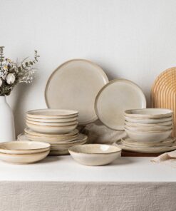 GBhome Steingut Geschirrset 24-tlg 6 Personen - Mikrowellen- & Spülmaschinenfest, Reaktive Glasur Handarbeit Cappuccino