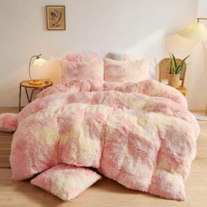 CoutureBridal Winterbettwäsche 135x200cm Rosa Gelb Warm Plüschiger Flanell Langhaar Winter Bettdecke mit Reißverschluss