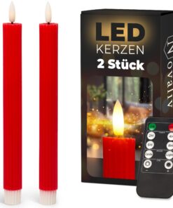 LED Stabkerzen ROT mit Timer für indoor ECHTWACHS gerippt 23cm x 2 AAA Batterien notwendig Bewertungen und Features