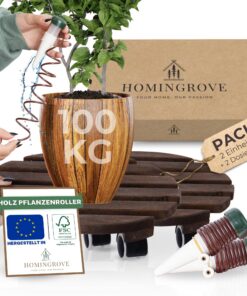 Homingrove Wetterfest Pflanzenroller 2er Set Outdoor 30cm Rund FSC-Holz 100kg Tragkraft Blumentopf Untersetzer Innen & A
