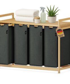 198L Robustes Bambusmaterial Wäschekorb für Bad & Schlafzimmer - Dunkelgrau | 4-Fächer 198L Einzelschicht-Regal Wäschek