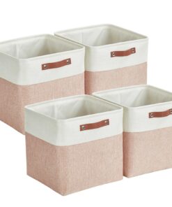 Mangata Collapsible Storage Cube Boxen für das Haus in Pink und Weiß mit Ledergriffen und Leinengewebe (25CM, 4PCS)