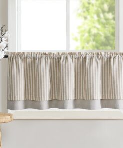 TOPICK Doppellagige gestreifte Scheibengardine für Küche und Esszimmer Klein Fenstervorhang Braun auf Beige Blickdicht V