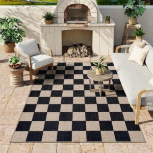 LIUYUYOUGO Geometrischer Outdoor Teppich Für Gartenterrassen Schwarzer Schachbrett Teppich Groß Weicher Kurzflor rutschf