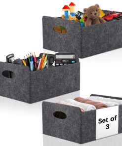 3Stk Filzkorb Aufbewahrung, Langlebig Faltboxen mit Tragegriff, Grau, 30 x 25 x 15cm, Kleiderschrankorganizer, Büro, Reg