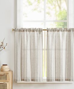 Vangoa Streifen Scheibengardinen Modern Küche Grau Leinenoptik Bistrogardine 2er Set 65Bx60Hcm mit Stangendurchzug Landh