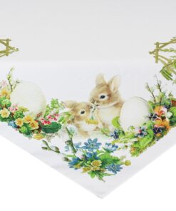 KAMACA Ostern Tischdecke 85x85 cm robust Waschbar Wohnzimmerszene Hasen Osterisaucen Blumen Dekorativ Küche Esszimmer (8
