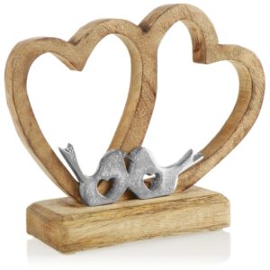 Com-Four Deko-Aufsteller Herz - Holz-Herz auf Holzsockel - Deko-Herz aus Holz mit 2 Vögeln aus Metall zum Hinstellen (Ho
