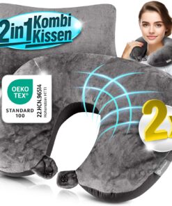 Reisekissen Nackenkissen für Flugzeug & Reise - Ergonomisch mit Microperlen, 37x27 cm Grau 2er Set