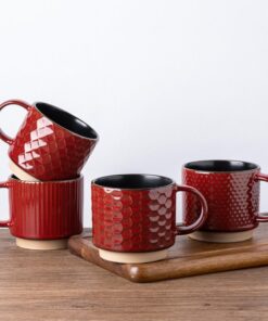 GBhome Stapelbare Kaffeetassen 4er Set 350ml | Keramik mit Textur | Spülmaschinen- & Mikrowellengeeignet für Latte Macch