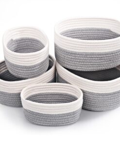Baumwollseil Aufbewahrungskorb 5er Set für Bad & Badezimmer | Korb Aufbewahrung Wickeltisch Organizer Weiß & Grau | Sto
