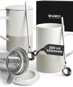 MIAMIOM - Tee-Tassen-Set für Frauen 2 x 500 ml Mikrowell- & Spülmaschinenfest (Grau) MIAMIOM - Keramische Tee-Tasse mi