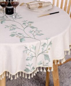 SUCHDECO Abwaschbare Tischdecke Rund 120 cm Beige mit Grüne Gestickte Blätter für Küche und Esszimmer