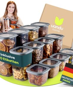 uandu Luftdichte Vorratsdosen 12er Set BPA-frei – Küche Aufbewahrung für Müsli, Mehl & Zucker mit Etiketten