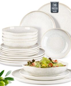 GBhome Steingut Geschirrset 6 Personen 18-tlg, Mikrowellen- & Spülmaschinenfest Handarbeit Reaktive Glasur Beige
