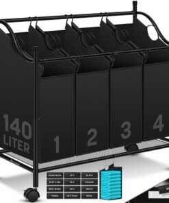 Kesser Wäschekorb 4 Fächer x 35 Liter Schwarz 360° Rollen Waschsicherung 12 Waschhinweise
