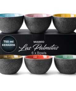 MIAMIO Las Palmitas Collection - 750 ml Keramikschüsseln 6er Set - mikrowellen-, spülmaschinen- und ofenfest - für Salat
